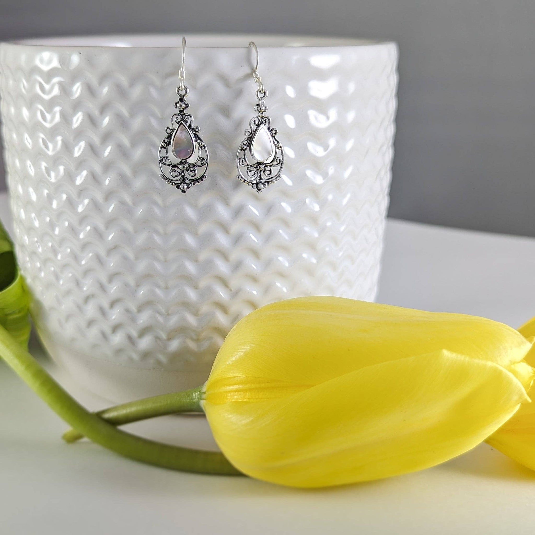 Vintage-look Filigree Earrings with White Shell Teardrop in Sterling Silver