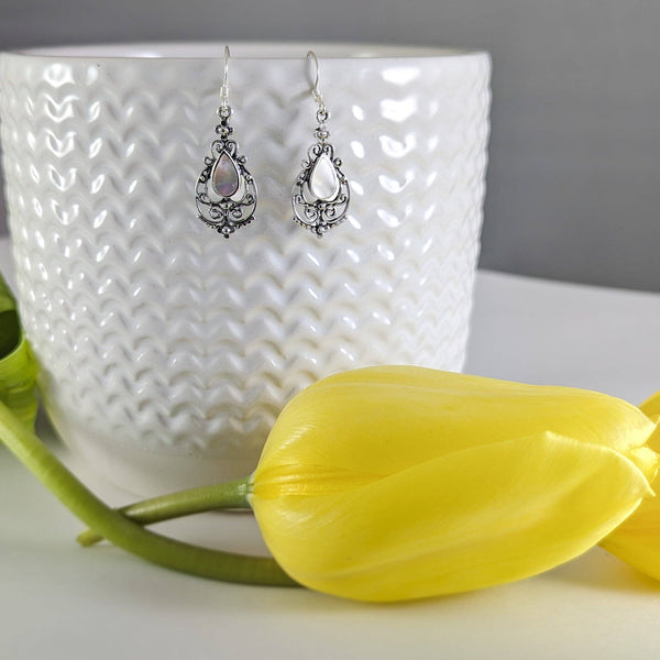 Vintage-look Filigree Earrings with White Shell Teardrop in Sterling Silver